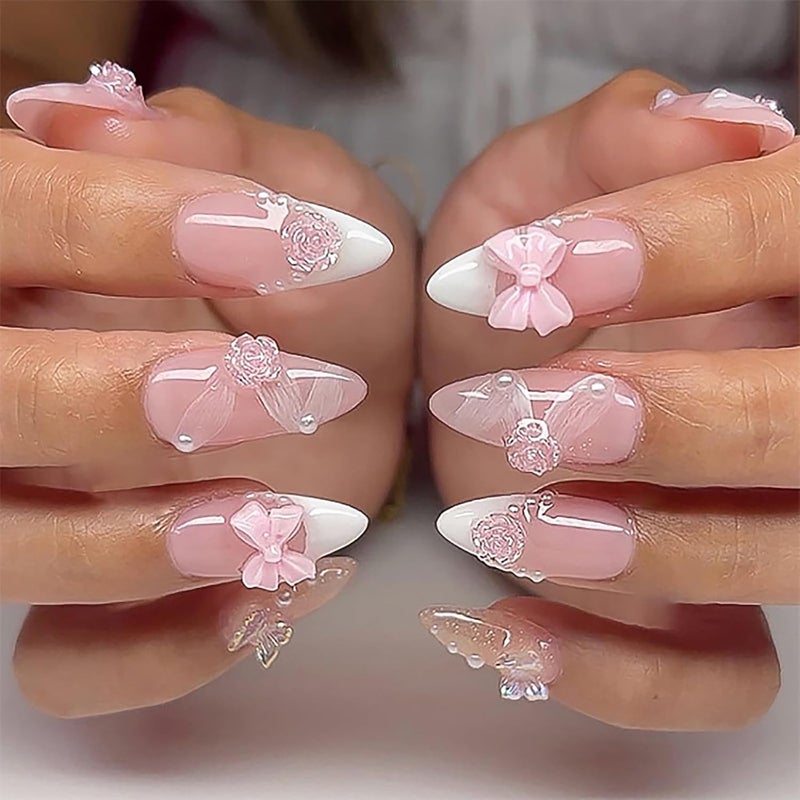 ASABITE 24 Pcs White French Tip Press on Nails Almond Medium Fake Nails with Glue Cute Pink False Nails with 3D Flower Bow Design Handmade Nails Glossy Holiday Glue on Nails Reusable Stick on Nails for Women - Image 1